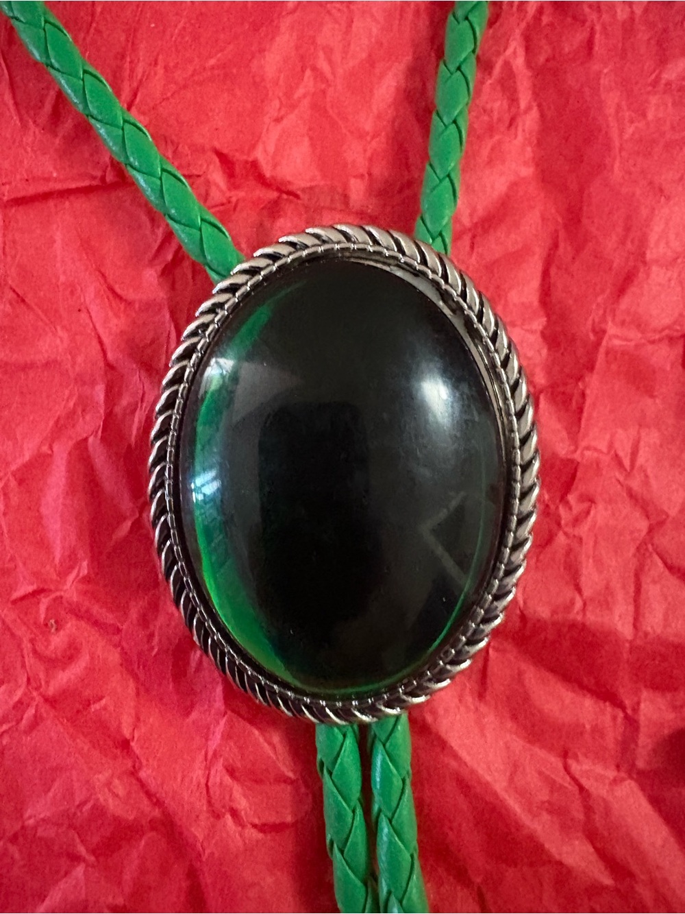 Green Braided Bolo Tie with Black Oval Stone